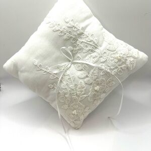 Embroidered White Linen Ring Bearer Pillow with Ribbon